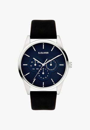 Herrenuhr mit silbernem Gehäuse, schwarzem Armband, blauem Zifferblatt, drei Hilfszifferblättern für Wochentag, 24-Stunden-Anzeige und Datum sowie silbernen Stundenmarkierungen.