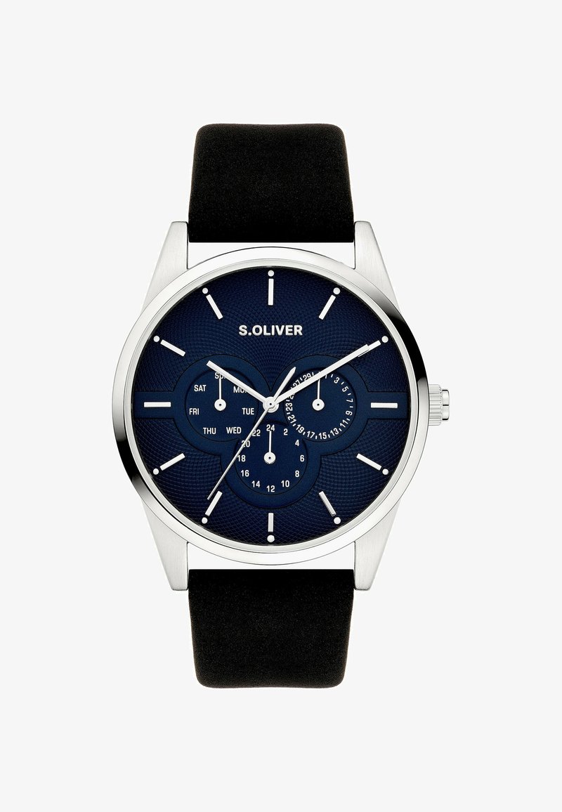 Montre-bracelet pour homme avec boîtier argenté, bracelet noir, cadran bleu, trois sous-cadrans indiquant le jour de la semaine, les 24 heures et la date, et des index argentés.