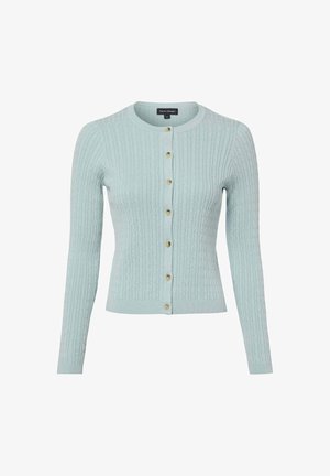 Lichtblauwe kabelgebreide cardigan met lange mouwen en zeven beige knopen aan de voorkant, maat small.