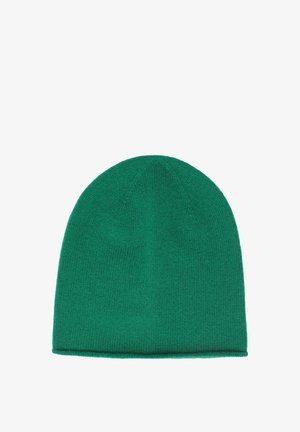 Zelená pletená čiapka z mäkkého akrylového materiálu s bezšvovým dizajnom a zaokrúhleným vrchom, so zloženým lemom pre lepšie zateplenie.