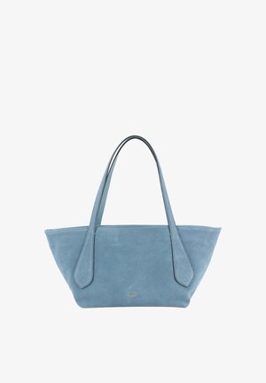 Blauwe suède draagtas met een trapeziumvorm, lange handvaten en gestikte randen. Heeft een subtiel merklogo aan de voorkant.