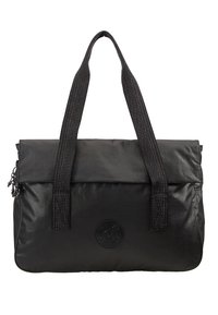 Sac messager noir en matériau lisse et résistant. Il comporte un rabat de fermeture, deux anses texturées et un logo circulaire à l'avant.