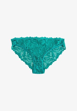 Teal kantjes met een bloemenpatroon en golvende randen. Zachte, delicate textuur met een soepele elastische tailleband.