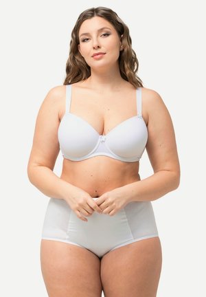 White bra with padded cups and adjustable straps, paired with high-waisted white underwear, showcasing a smooth, seamless design.