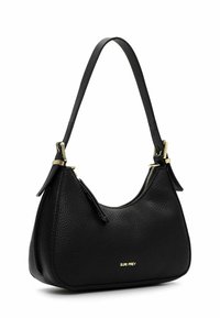 Black leather handbag with a textured finish, curved shape, and a single shoulder strap. Features gold hardware and a zip closure.