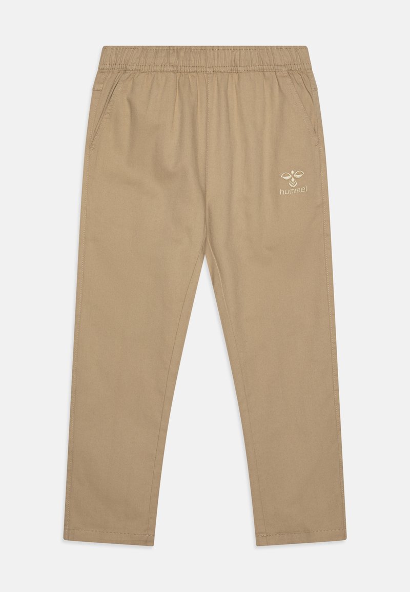 Knee-length beige pants with an elastic waistband, side pockets, and a small white logo on the left leg. Made from soft, durable fabric.