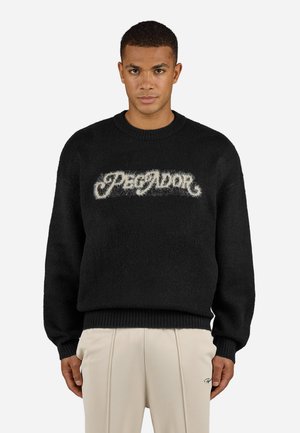Black sweater made of fuzzy material, featuring a prominent cream logo "PREDATOR" in a decorative font on the front and ribbed cuffs.