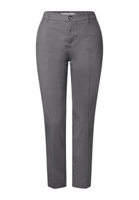 Grå byxor i glatt tyg, med dragkedja, knäppning och sidofickor, med en skräddarsydd passform och rak bensdesign.