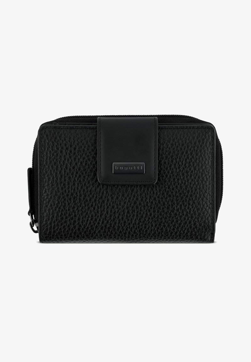 Black leather wallet with a textured finish, featuring a smooth closure strap and a metal logo accent. Zippered compartment for storage.