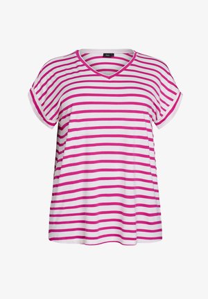 Svītrainā t-kreklā ar V veida kakla izgriezumu ir baltas un fuksijas horizontālas svītras, īsas piedurknes un brīva piegriezuma. Izgatavots no mīksta, viegla auduma.