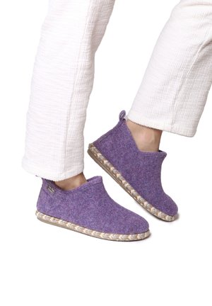Purple felt slippers with a textured finish, rounded toe, and decorative braided trim around the sole. No additional hardware or accents.