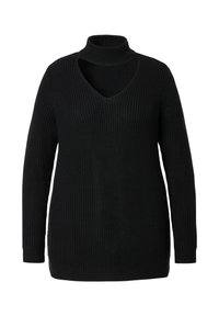 Schwarzer Strickpullover mit hohem Kragen und tiefem V-Ausschnitt vorne, langen Ärmeln und lockerer Passform. Texturiertes Material.