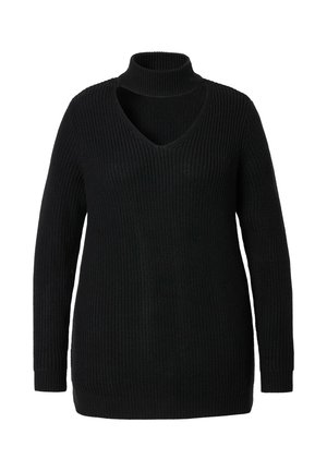 Sort strikket sweater med høj krave og dyb V-udskæring foran, lange ærmer og løs pasform. Struktureret materiale.