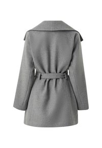 Grijs wollen blend jas met een brede kraag, een ceintuur in de taille en lange mouwen. Zorgvuldig afgewerkte stof, getailleerde pasvorm en strakke lijnen aan de zoom.