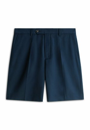 Pantaloncini blu navy su misura con chiusura a bottone, passanti per cintura, pieghe frontali e tasche laterali, disposti su sfondo bianco.