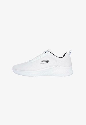 White athletic shoes with a mesh upper, lace-up design, and textured sole. Features a silver logo on the side and a black heel accent.