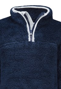 Dunkelblauer Fleece-Pullover mit einem Halb-Reißverschluss-Kragen, der eine weiche Textur und ein kontrastierendes graues Innenfutter entlang des Reißverschlusses aufweist.