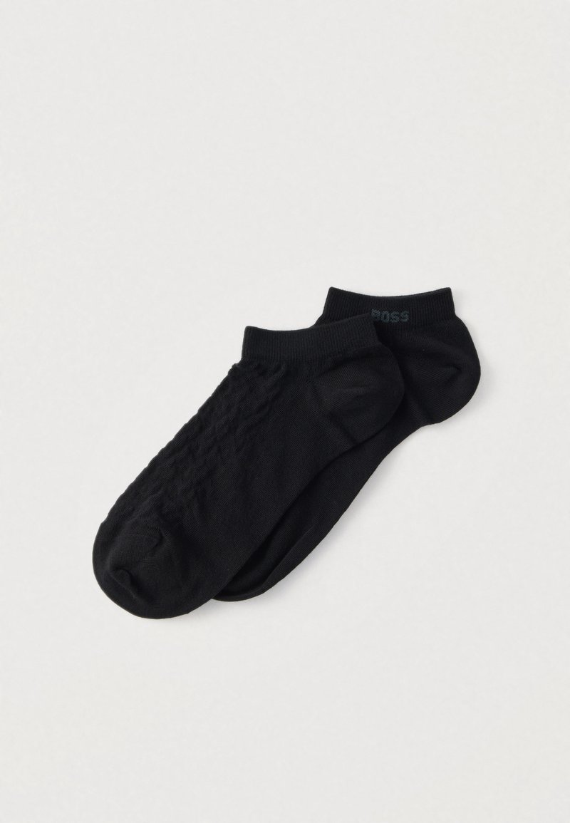 Μαύρες αστραγάλες κάλτσες με υφασμάτινο μοτίβο στη μία πλευρά και λεία επιφάνεια στην άλλη. Διαθέτουν ριμπ μανσέτα και λογότυπο "BOSS".