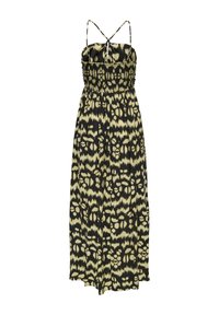 Vestido largo sin mangas con tirantes finos, cuerpo fruncido y patrón abstracto de animales en negro y beige.