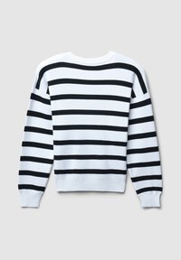 White sweater with black horizontal stripes, long sleeves, and ribbed cuffs, collar, and hem, laid flat on a gray background.