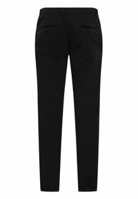 Zwarte broek van katoen met een slim fit. Kenmerken zijn onder andere twee achterzakken met knoopsluitingen en een gladde, matte textuur.