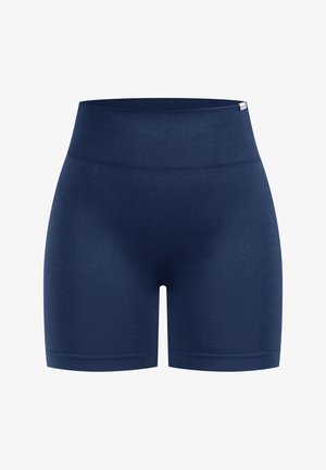 Navy blue athletic shorts with a high waistband, smooth texture, and a fitted design, suitable for activewear.
