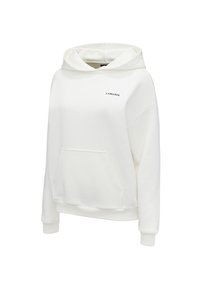 Fehér kapucnis sweatshirt, puha anyagból készült, elöl zsebbel, húzózsinórral ellátott kapucnival és egy kis fekete "LAMANIA" logóval a mellkasán.