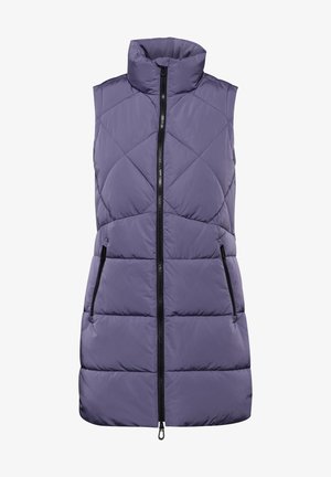 Gepolsterte Weste in Lavendel mit hohem Kragen, Frontreißverschluss und zwei Seitentaschen. Mit einem rhombusförmigen Steppmuster und schwarzen Akzenten.