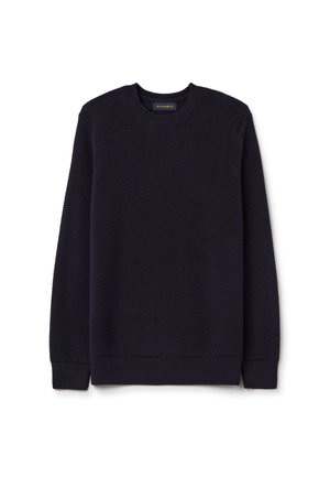 Marineblauer gestrickter Pullover mit rundem Ausschnitt, strukturierter Oberfläche, gerippten Bündchen und Saum sowie dezentem Markenlabel am Nacken.
