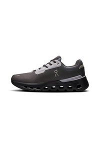 Laufschuhe in Dunkelgrau mit strukturiertem Obermaterial, hellgrauen Akzenten, Schnürverschluss und einer konturierten Sohle mit Belüftungsschlitzen.