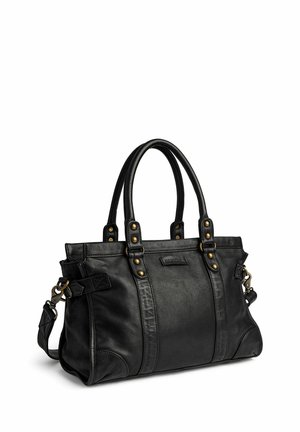 Schwarze Lederhandtasche mit doppelten Griffen, dekorativen Messingnieten und abnehmbarem Schulterriemen auf weißem Hintergrund.