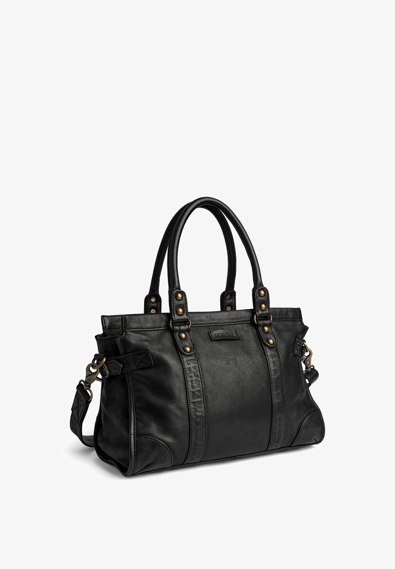 Sac à main en cuir noir avec doubles poignées, rivets décoratifs en laiton et bandoulière amovible sur fond blanc.