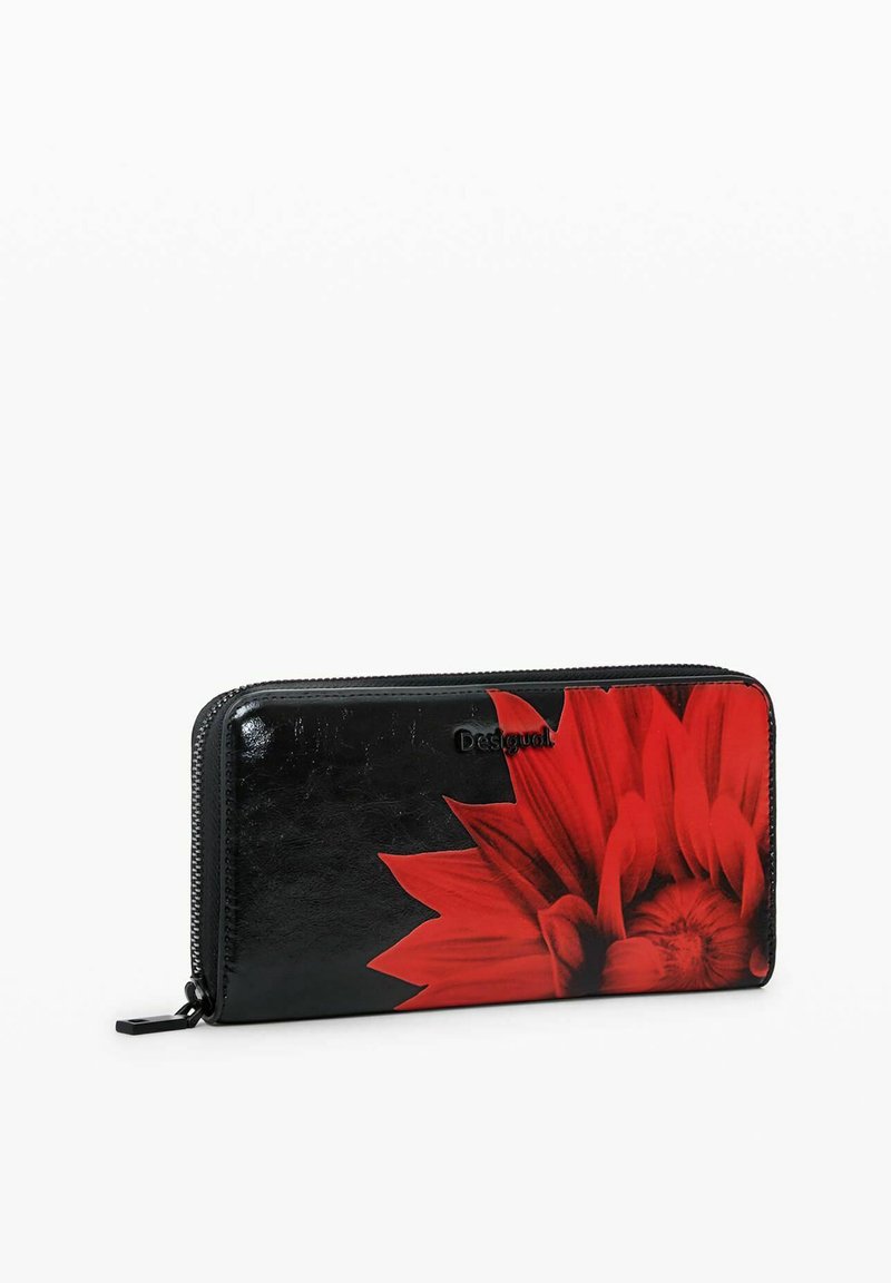 Portefeuille Femme Neuf DESIGUAL Vernis Bleu Marine Et Rouge - Motif Floral - Taille L Avec Nombreuses Poches