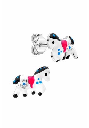 Boucles d'oreilles clous en argent en forme de chevaux avec des détails en émail noir, bleu et rose et de petits strass clairs sur le corps.