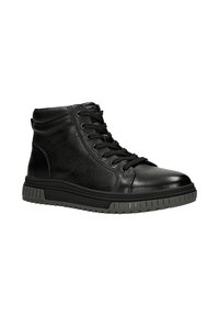 Zwarte hoge sneakers van leer, met een gestructureerd oppervlak, zes veterogen en een geribbeld rubberen zool.