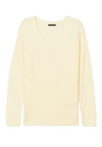 Gelbes V-Neck-Pullover aus weichem Stoff, mit langen Ärmeln und lockerer Passform. Einfach und einfarbig ohne Muster oder Akzente.