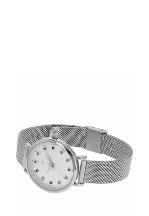 Silver mesh band wristwatch with white face, minimalist design, and colored gem hour markers, showing time at 10:10:25.
