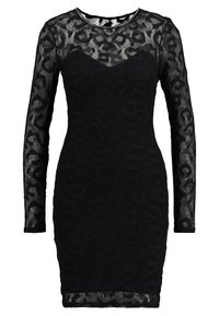 Robe moulante noire à manches longues avec un tissu léopard transparent sur les manches, le haut de la poitrine et l'ourlet, doublure noire unie sur le buste.