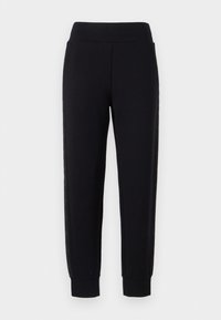 Svarte joggebukser med innsnørte ben, med en bred elastisk midjebånd og teksturerte sidepaneler. Laget av et mykt og stretchy materiale.