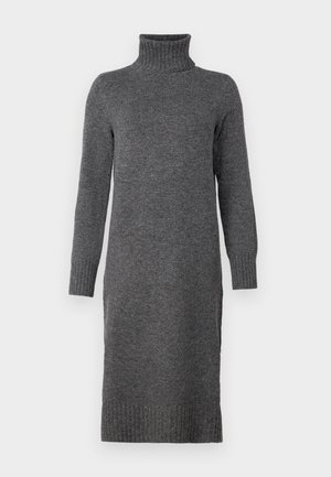 Graues Strickkleid mit hohem Stehkragen, langen Ärmeln und gerippten Bündchen. Verfügt über eine gerade Silhouette und ein knielanges Design.