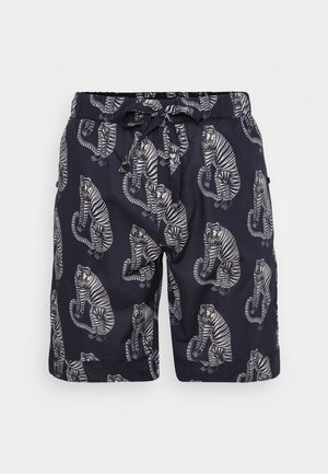 Calções de banho azul-marinho com um padrão de tigre em branco e bege. Cintura com cordão, tecido leve e bolsos laterais para conveniência.
