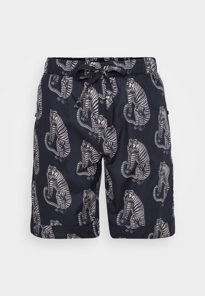 Ναυτικά σορτς κολύμβησης με σχέδιο τίγρης σε λευκό και μπεζ. Με κορδόνι στη μέση, ελαφρύ ύφασμα και πλαϊνές τσέπες για ευκολία.