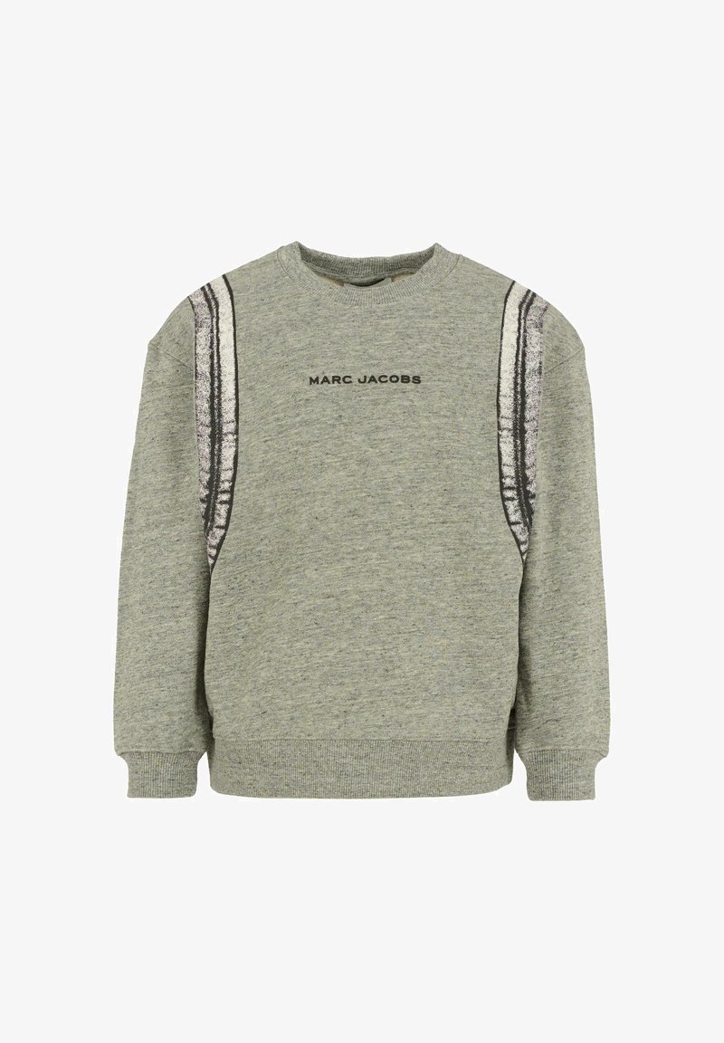 Szara bawełniana bluza z okrągłym dekoltem, ściągaczami na rękawach oraz bocznymi paskami o teksturowanym wykończeniu. Logo "MARC JACOBS" w czerni na wysokości klatki piersiowej.