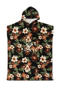 Zwarte badponcho met capuchon en een bruine, witte en groene bloemenprint, met een voorzak en het Roxy-logo in het wit.