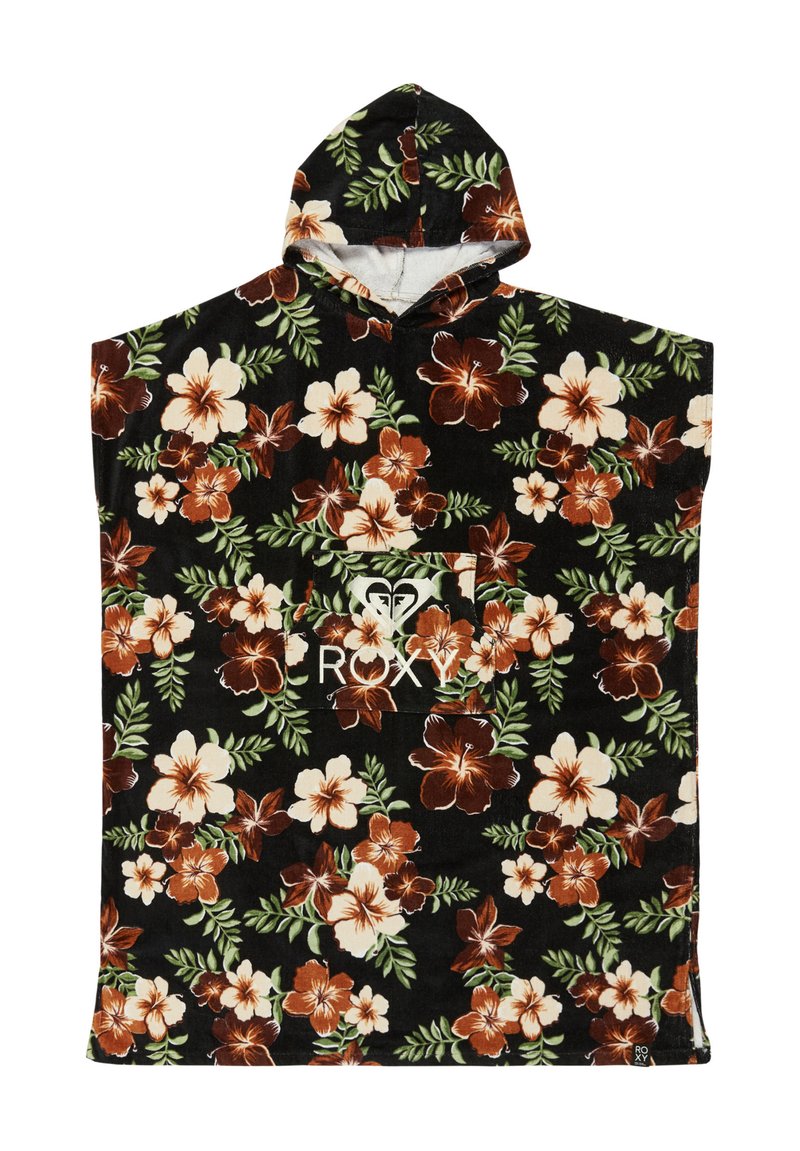 Zwarte badponcho met capuchon en een bruine, witte en groene bloemenprint, met een voorzak en het Roxy-logo in het wit.