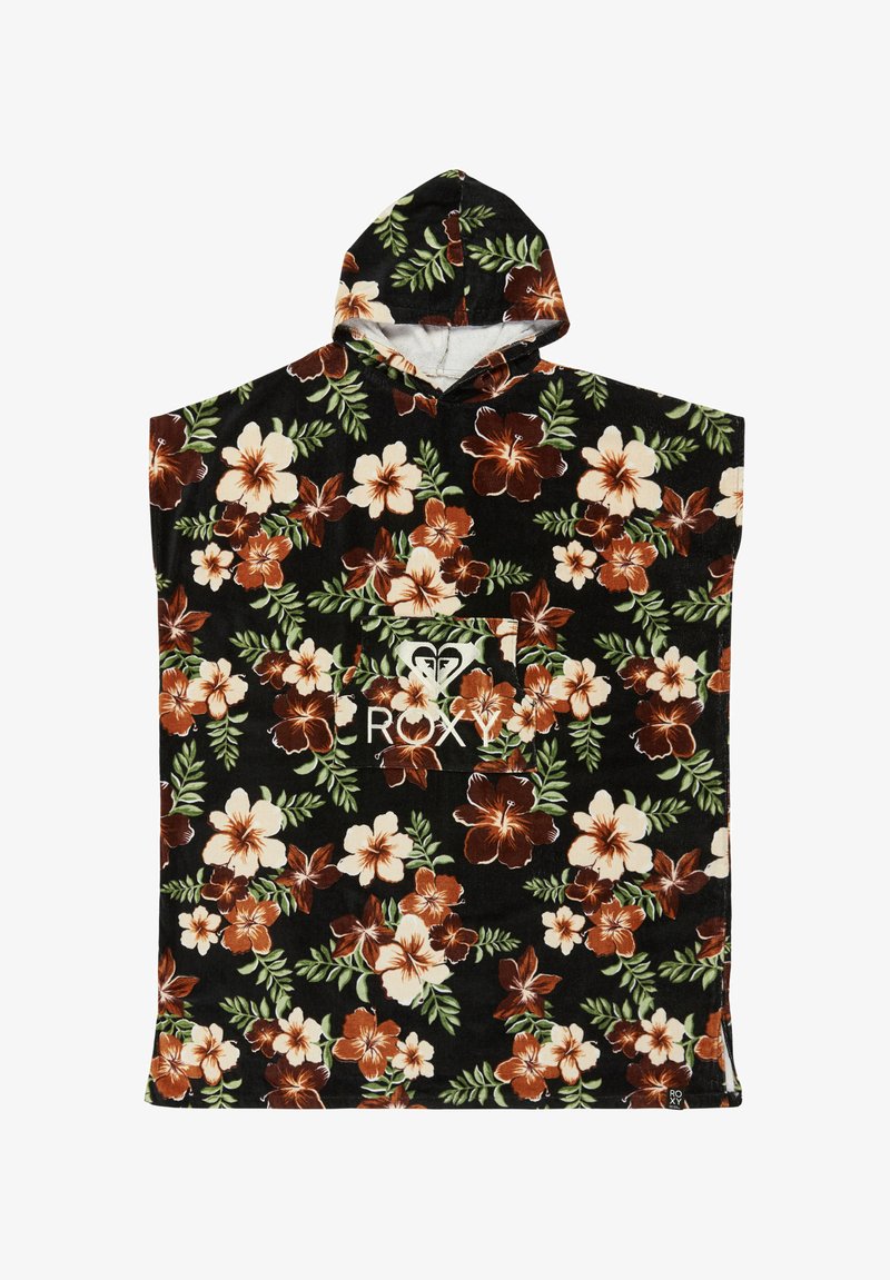Zwarte badponcho met capuchon en een bruine, witte en groene bloemenprint, met een voorzak en het Roxy-logo in het wit.
