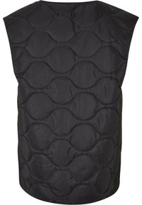 Veste sans manches matelassée noire avec col arrondi et motif de couture ondulé dans le dos.