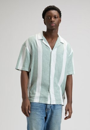 Junger Mann, der ein kurzärmeliges, hellgrün-weiß gestreiftes Hemd mit Knöpfen und blaue Jeans trägt, steht vor einem schlichten Hintergrund.