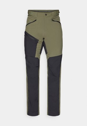 Olive green and black outdoor pants featuring zippered pockets, tapered legs, and reinforced panels for durability. Made from breathable material.