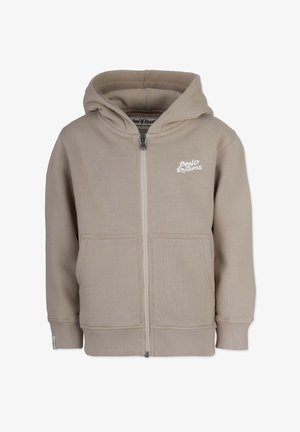 Beżowa bluza z kapturem na pełnym suwaku, z kapturem, przednimi kieszeniami, ściągaczami na mankietach i u dołu oraz małym białym logo "Brand & Respects" na lewej piersi.